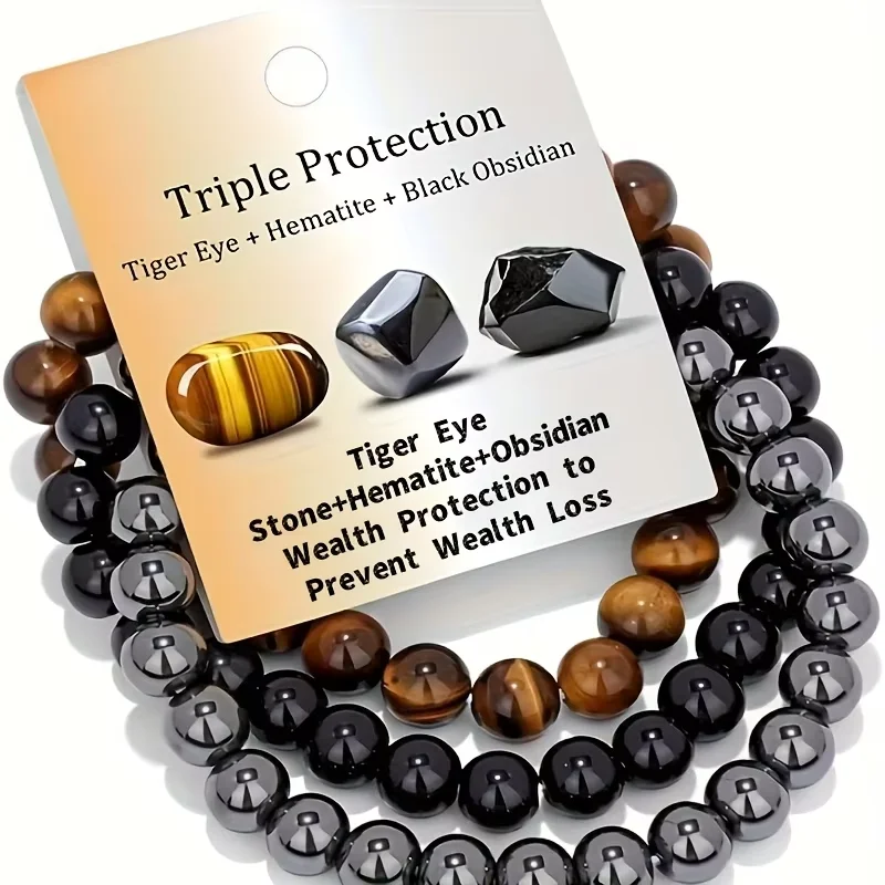 Lot de 3 Bracelets Bohèmes en Pierres Précieuses pour Femme et Homme – Œil de Tigre, Obsidienne Noire, Hématite – Porte-Bonheur et Succès – Idéal Cadeau