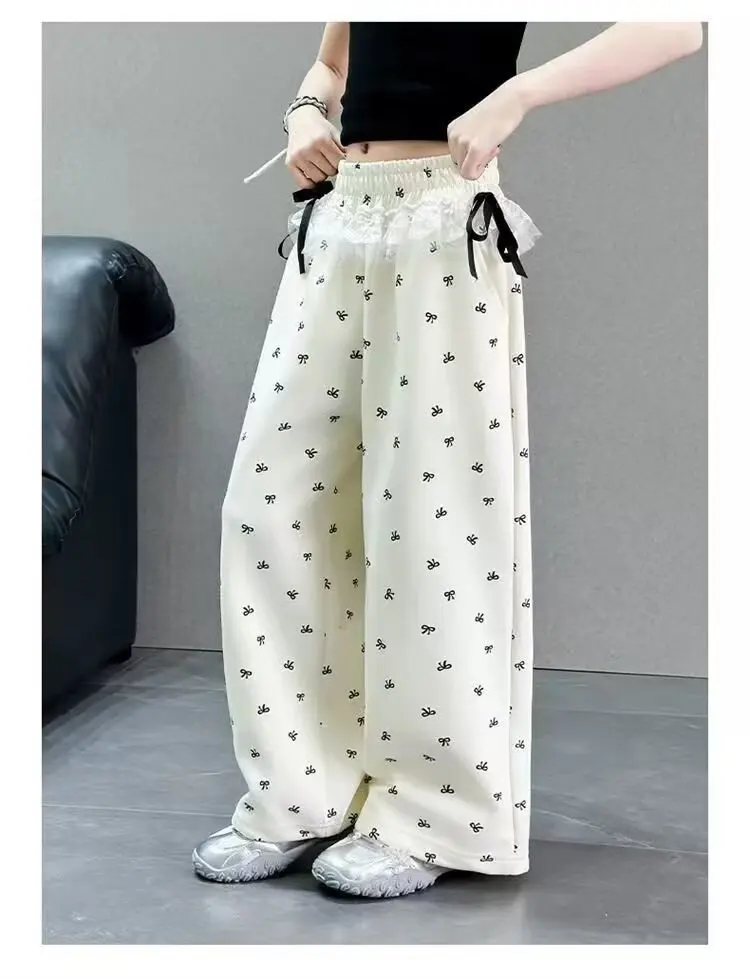 UNITIM Frühlingshosen mit Schleife für Mädchen, bedruckte Wide-Leg-Hosen für Teenager-Mädchen, lockere Kinderhosen, Freizeithosen für Kinder, 5–14 Jahre – Detail 9