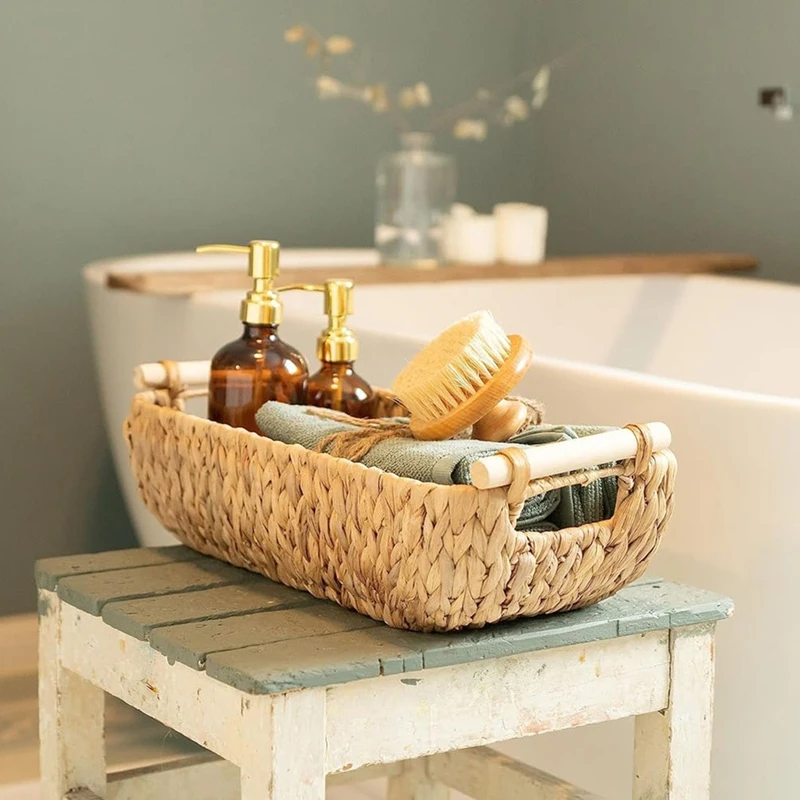 Cesta de baño tejida de jacinto de agua, cesta de almacenamiento de papel higiénico o toallas, larga para almacenamiento de baño