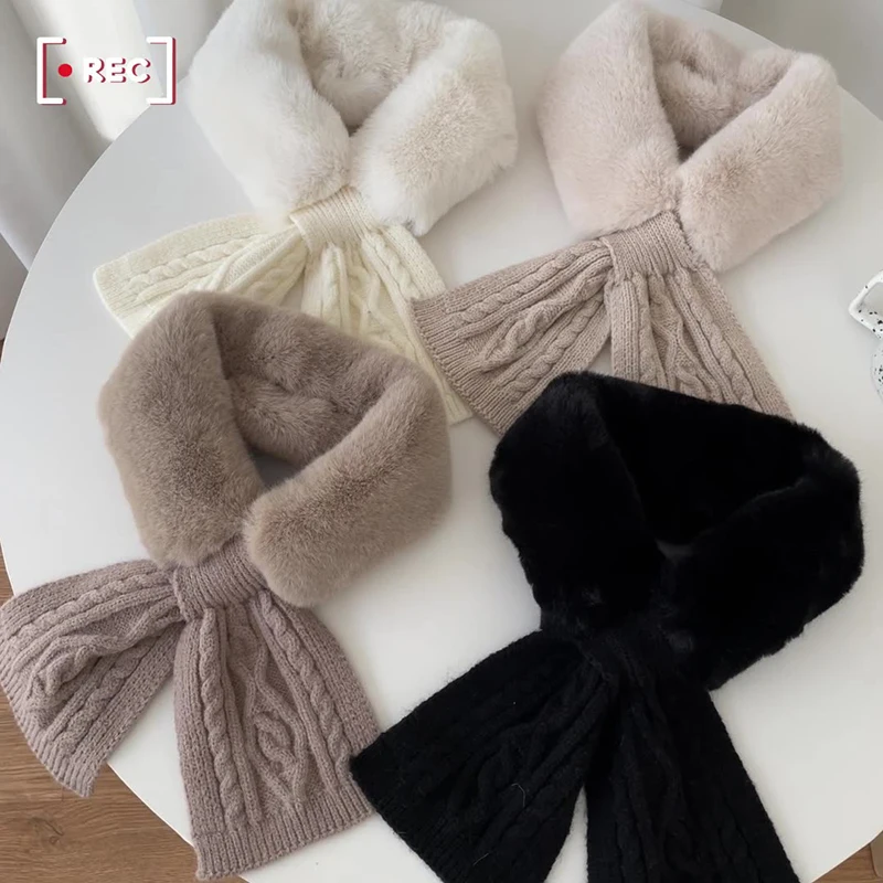 New Winter Cross Faux Rabbit Fur Scarf Outdoor Neck Warmer Scarves Wool Knit Cross Fur Collar Scarf False Collar Plush Thicken