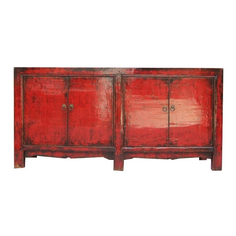 

Chinese antique classic country living room red painted four door northeast cabinet sideboard