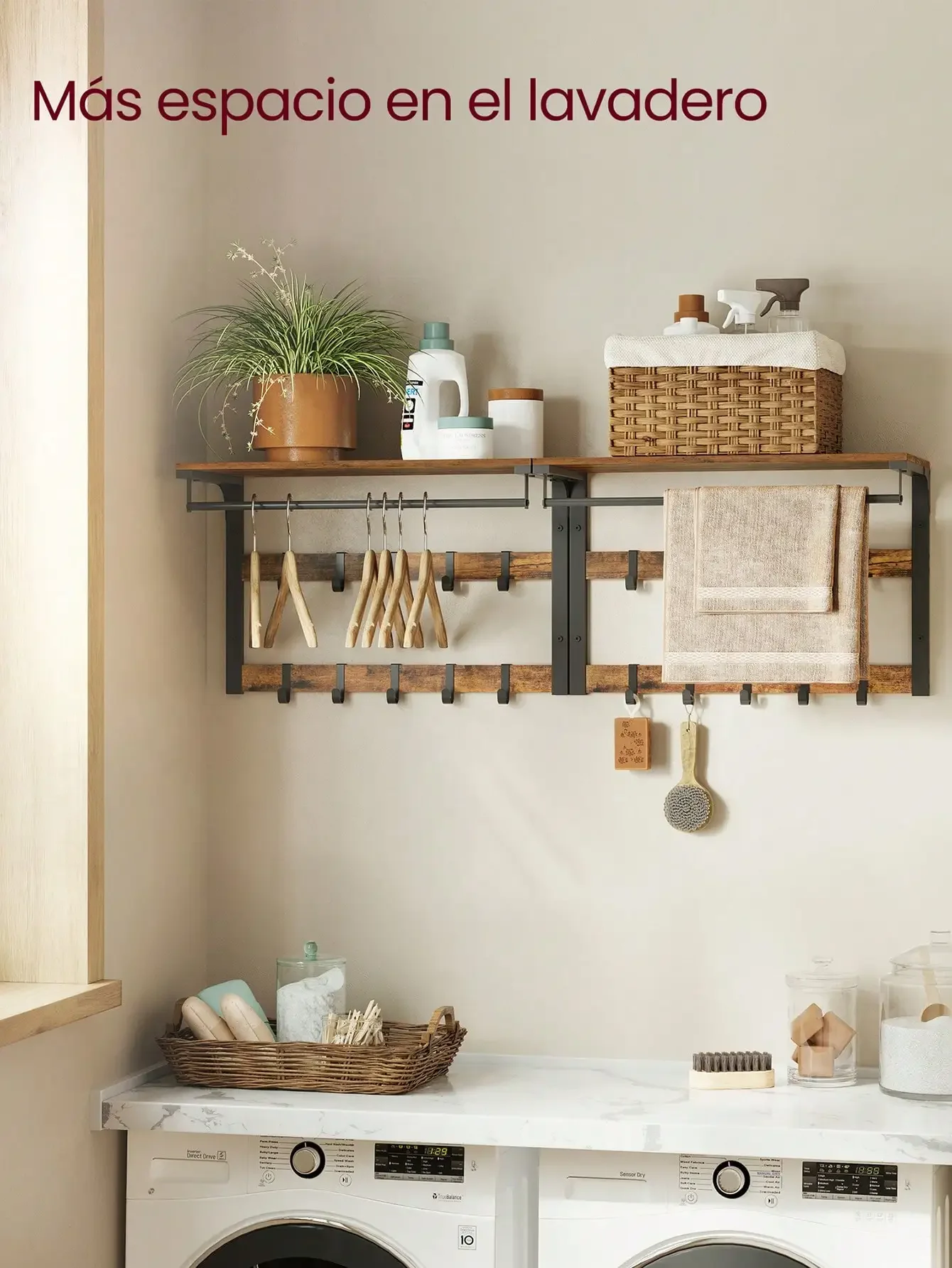 Wall-mounted Hanger, 10 Hooks, Clothing Track, Shelf, Suitable for Entrance/bedroom/bathroom.