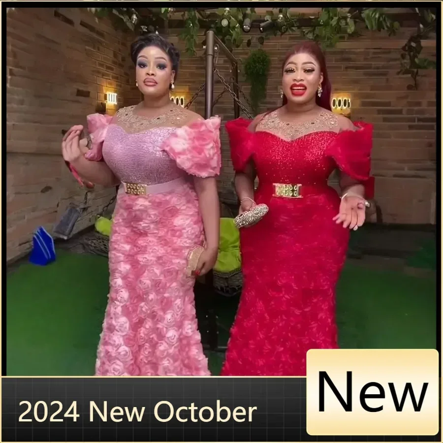 

Customized New african dresses for woman Mesh 3D embroidery Africa dress rhinestone sequin belt elegant evening dresses for wome