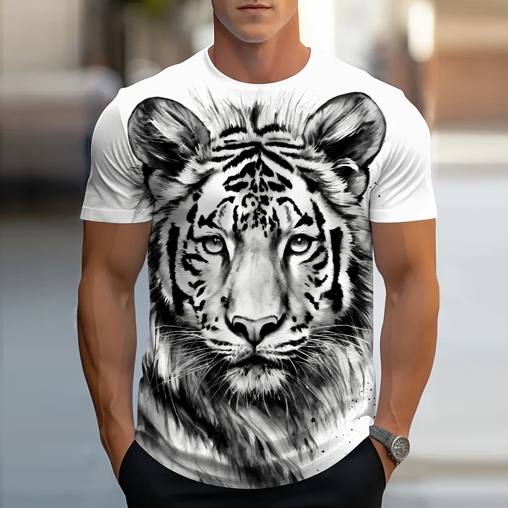 

Черно-белая мужская футболка с тигровым узором, футболка с 3D принтом, топ с короткими рукавами и животным, 2024, крутой летний повседневный мужской пляжный рукав с коротким рукавом