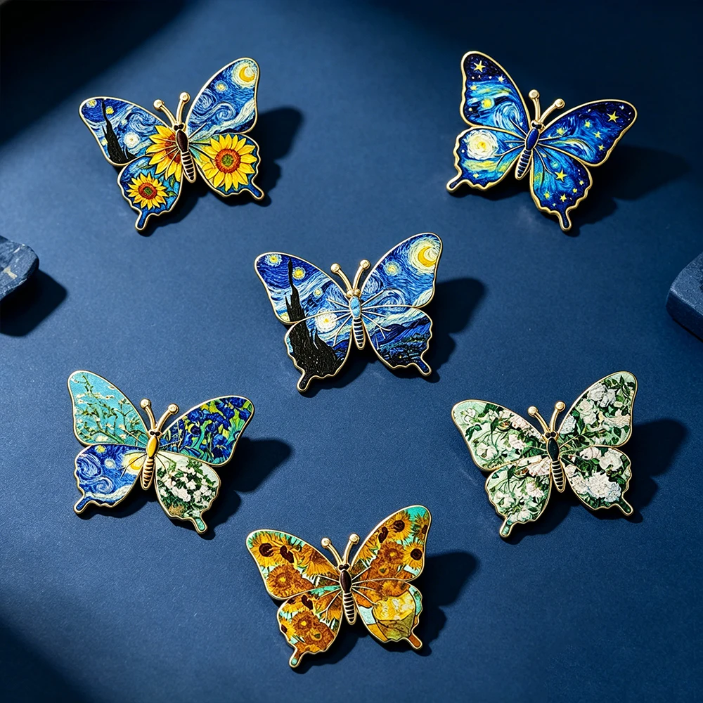 Van Gogh Ölgemälde Schmetterling Emaille-Broschen-Set, Sternennacht Sonnenblumen Blumen-Anstecknadeln, Künstlerische Abzeichen für Jacken und Rucksäcke – Detail 5
