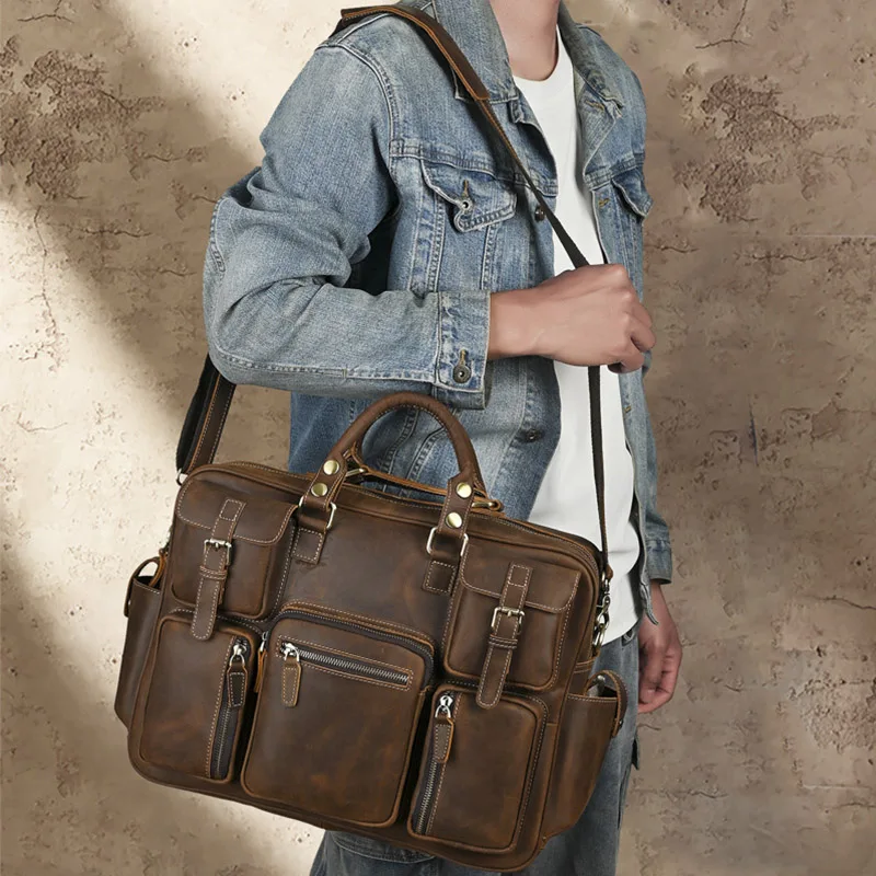 Multi Compartments Large Capacity Vintage Satchel Handbag Crazy Horse Leather Cowhide Briefcase Laptop Messenger Shoulder Bags