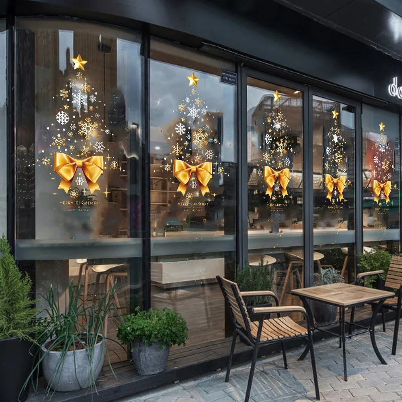 

1pc Gold Christmas Tree Decorative Glass Sticker Shop Window Decor Golden Christmas Garland Window Stickers Christmas Decoration