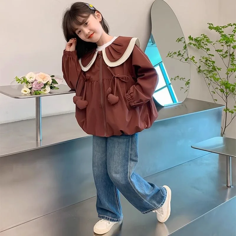 Girls Fashion Jackets Spring Autumn Kids Baby-Doll Collar Coats Children Solid Zipper Outerwear Teen Casual Clothes 4-12 Years