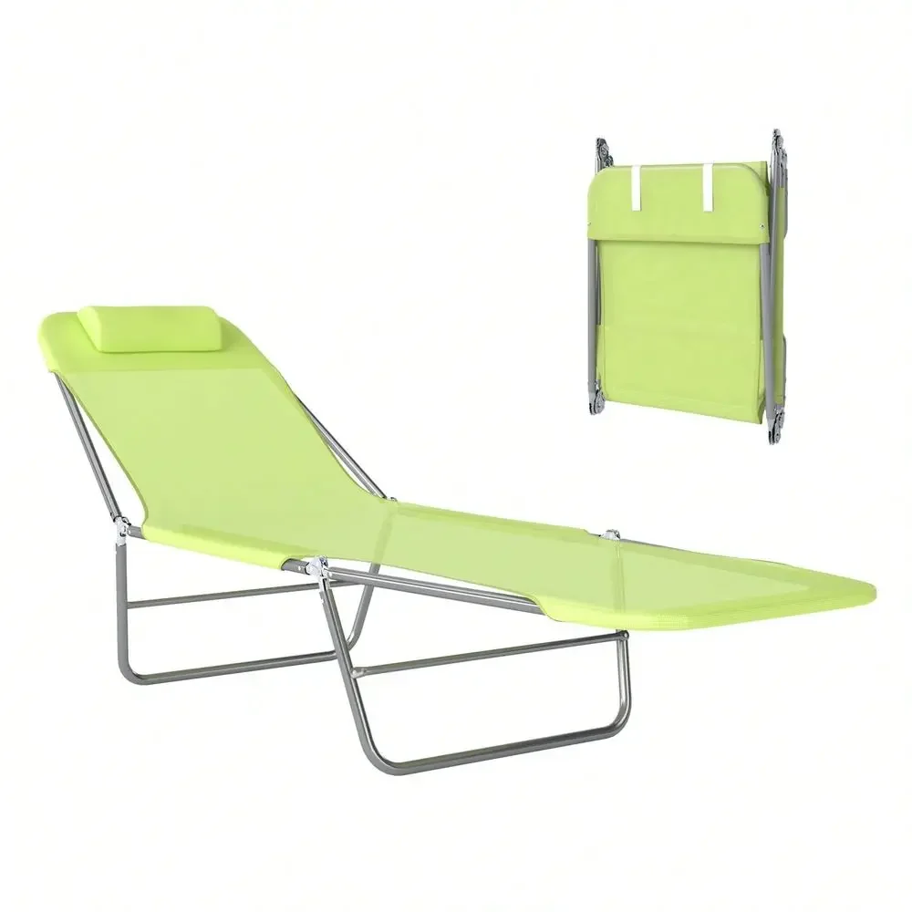 Chaise Lounge Chair, Outdoor Sun Tanning Chair With Pillow, Reclining Beach Chair, Steel Frame Breathable Mesh, Patio Yard, Gre