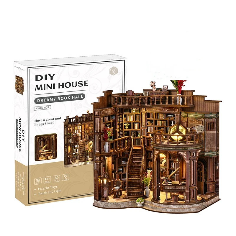 DIY Wooden House Figurines Miniatures Kits Home Desk Decoration For Adult Handmade Christmas Gifts 3D Retro Dreamy Book Hall