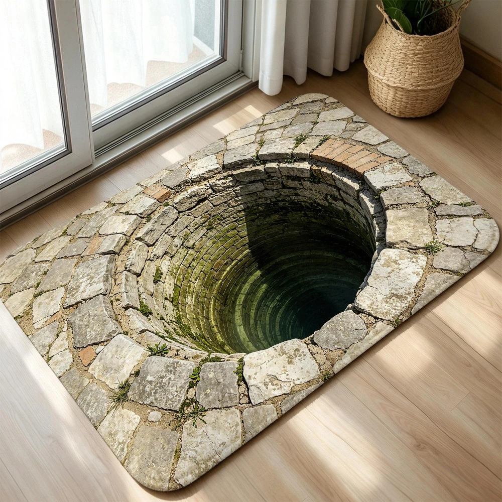 Scary Skull Welcome Rug 3D Optical Illusion Skeleton Doormat Gothic Stone Pit Area Rug Floor Mat Laundry Room Garage Door Mat
