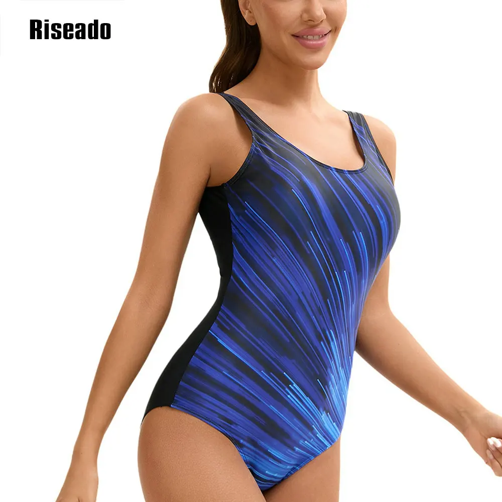 Riseado New Trends One Piece Swimsuit Women U Back Color Block Print Bathing Suits Athletic Modest Swimwear