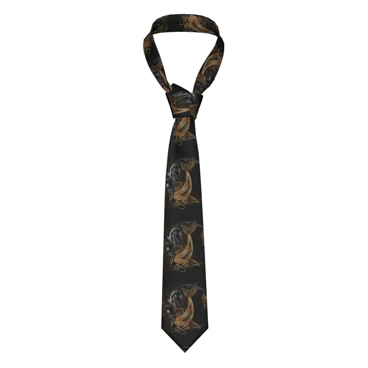 

Mens Tie Slim Skinny Gold Koi Carp With Lotus And Crescent Necktie Fashion Necktie Free Style Men Tie Party Wedding