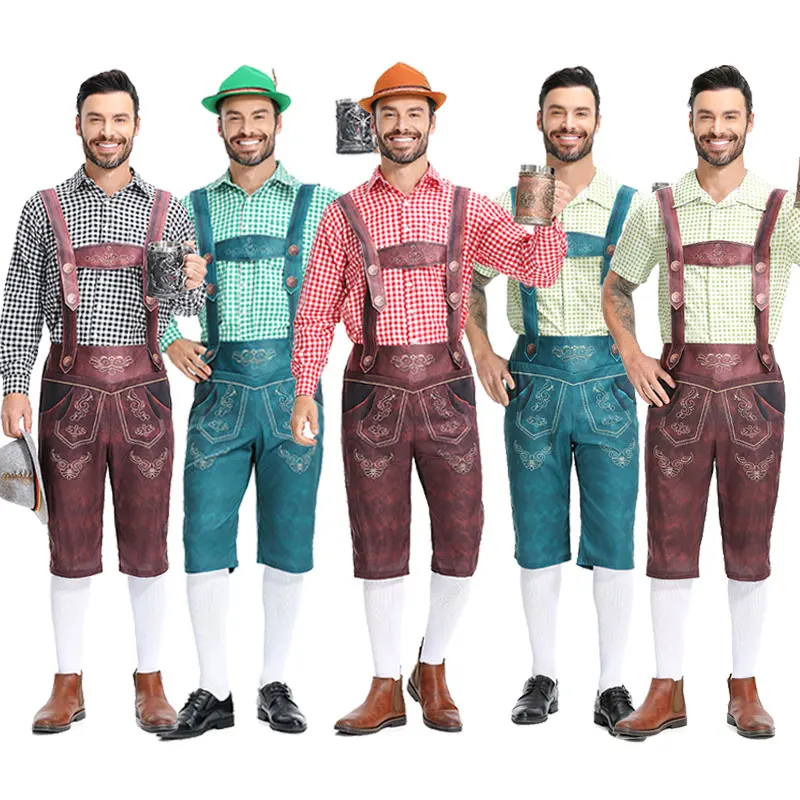 Men Oktoberfest Lederhosen Costume German Bavarian Beer Festivals Suspenders Shorts Beer Festivals Shirt Cosplay Costumes