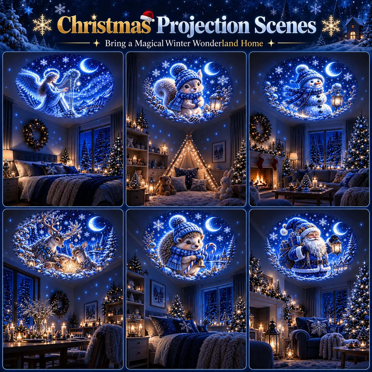Christmas projection light featuring 20 holiday patterns perfect for creating an atmospheric glow in bedrooms and living rooms.