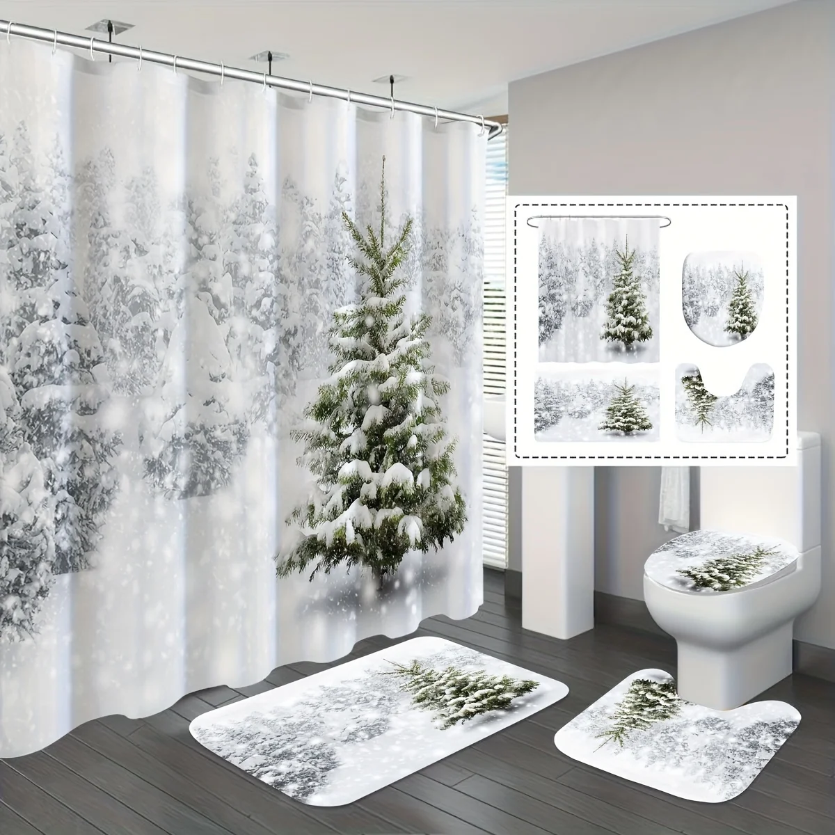 Winter Wonderland Bathroom Four-Piece Set - Featuring a Snowy Forest and Festive Christmas Tree Design, Perfect for Adding