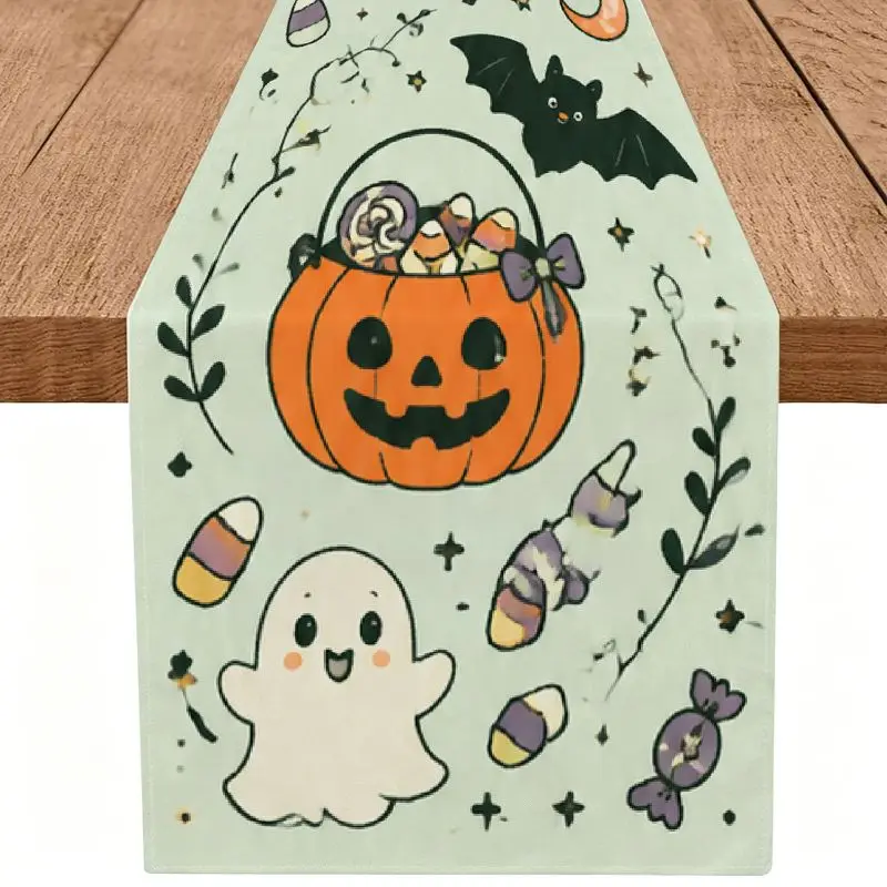 VIKAMA Halloween Table Runner Cute Ghost Pumpkin Witch Shoe Bat Candy Table Runner for Dining Table Home Halloween Party Decor
