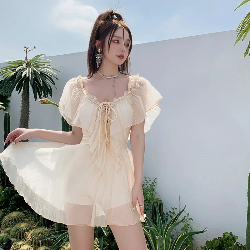 

Korean Women's Lace Up Spliced Bikinis Slim Set One-Piece Swimdress 2023 Summer Sling Fashion Print Swimwears for Female