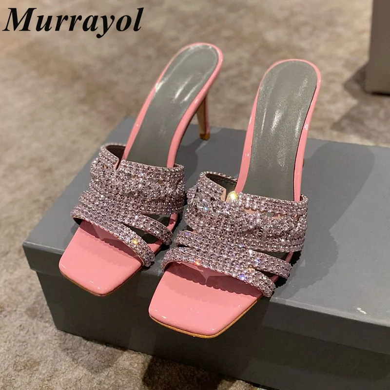 New Square Toe One Strap High Heels Slippers Women Glitter Rhinestone Decor Thin Heels Sandals Summer Dress Shoes Wedding Shoes