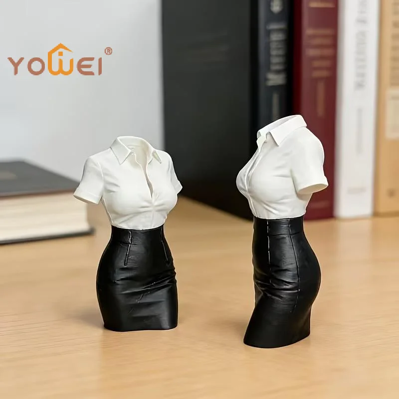 Latest 3D Printed Creative Ornament, White Shirt & Leather Skirt Office Lady Half-Body Statue, Desktop Stress Relief Decor
