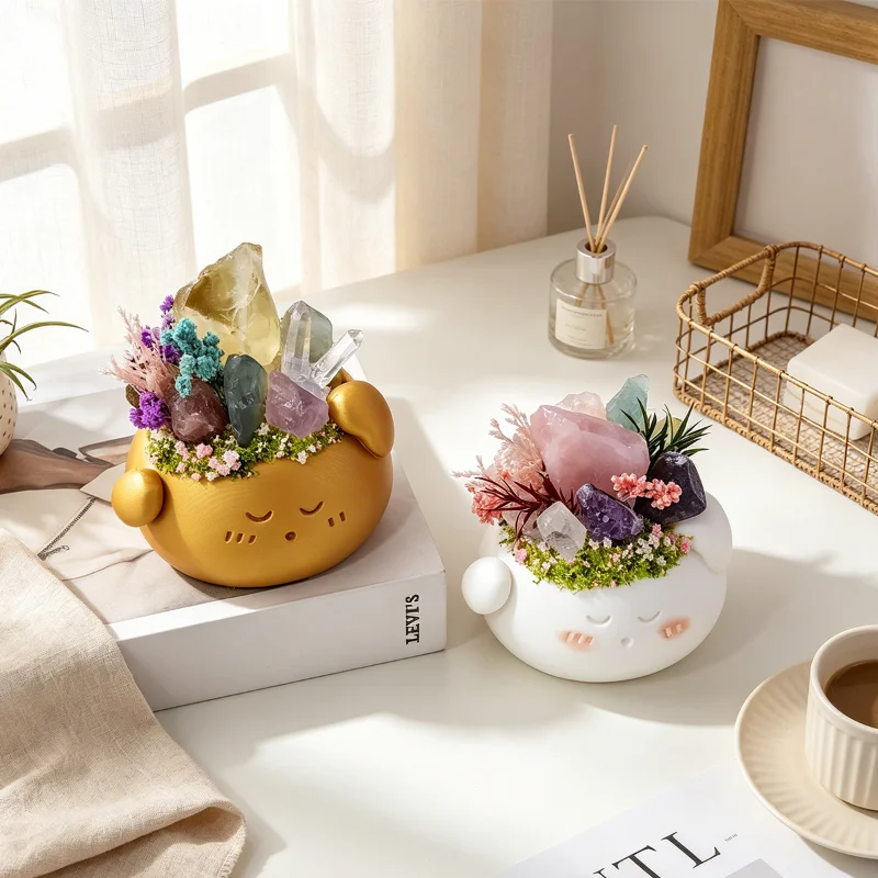 Cute Natural Crystal Potted Plant 3D Raw Stone Micro Landscape Desktop Ornament Amethyst Citrine Lucky Wealth Home Decor Gift