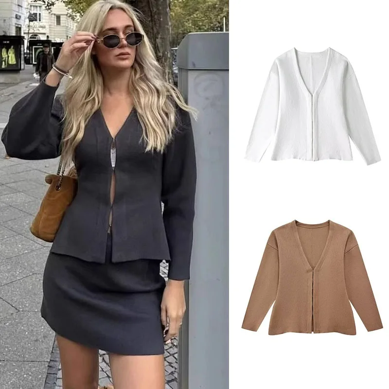 

Women Knitted Sweater Cardigan Solid Color Autumn Winter Female Long Sleeve V-neck Outerwear Chic Lady Casual Slim Knitwear