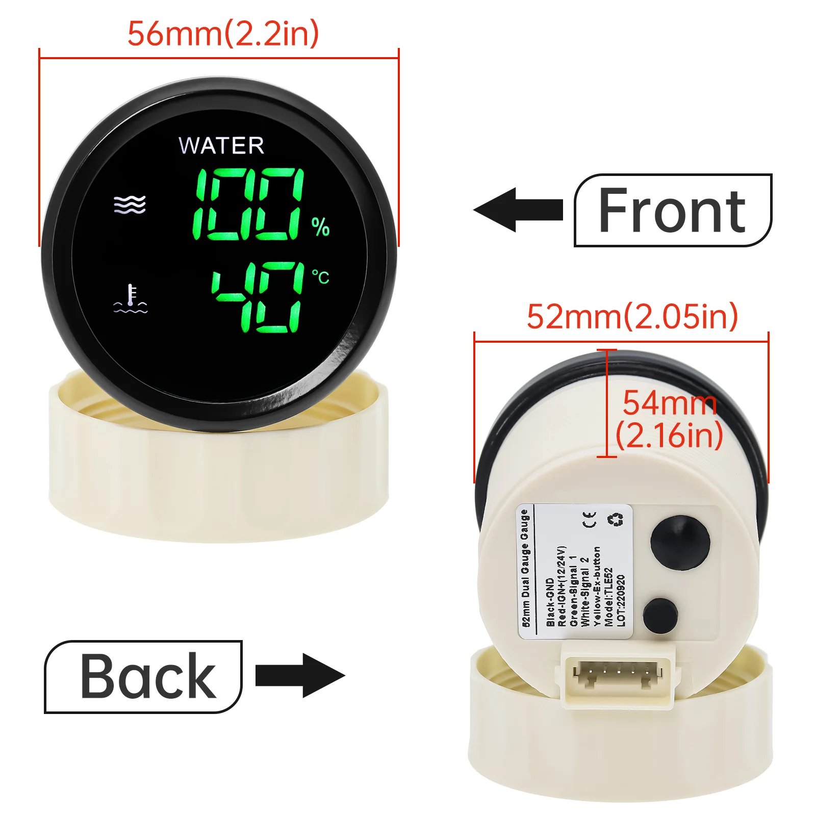 52mm 2in1 Multifunctional Meter Water Level Gauge + Water Temp Meters Water Holding Tank Level Universal for SUV RV Car Vessels