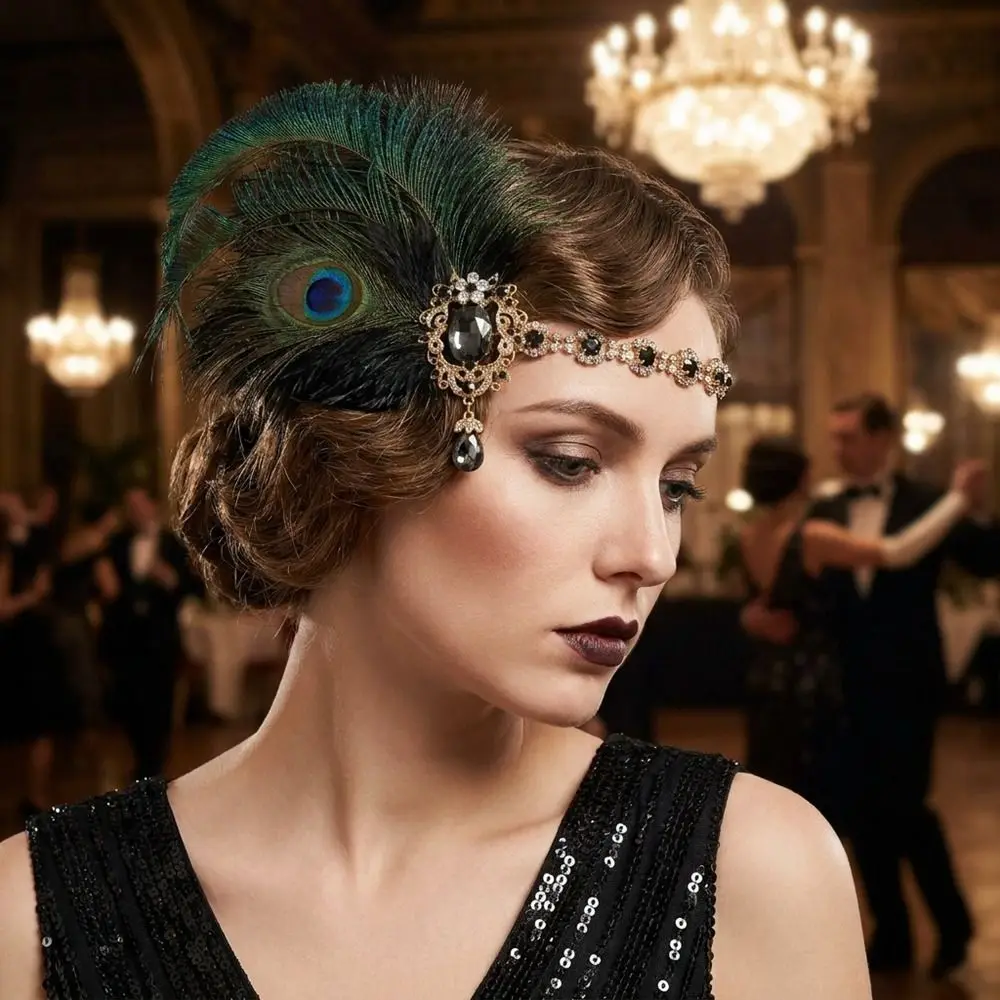 Trendy Vintage Gatsby Style Feather Headband Fascinator Zircon Masquerade Hair Band Tassel Elegant Gatsby Headpiece Makeup Party