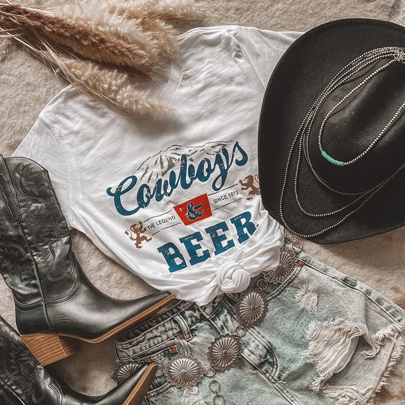 hahayule Cowboys Beer Funny Drinking T-Shirt Women Vintage Western Country Music Shirt Cowgirl Rodeo Graphic Tee Hippie Boho Top