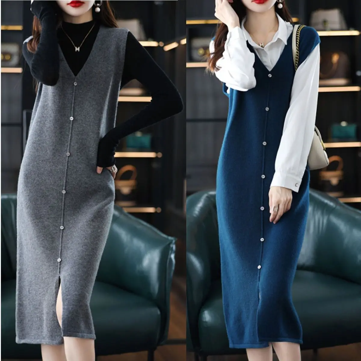 Long, Medium to Long Sleeveless Knitted Knee Length Vest Skirt Autumn Winter V-neck Solid Dress Stylish Sweater and Camisole