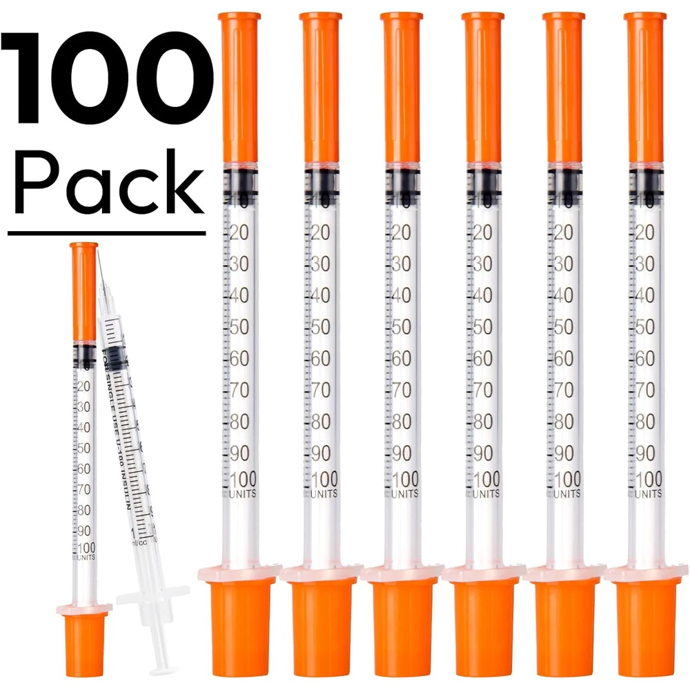 Caja  100 Unidas  Jeringas  Insulina  Seguridad  1 ml, Multitamaño, con Aguja, Estériles, Envueltas Individualment