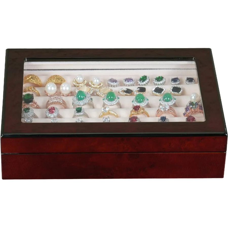 

Wooden Ring Box Earring Storage Box Jewelry Organizer for Women Top Glass Window - Magnet Closure Men's Cufflink Box At Least f