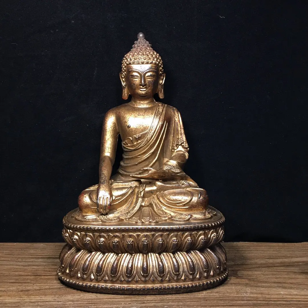 

23cm Nepalese Tibetan Old Yellow Copper Gilded Gold Tripartite Buddha Amitabha Buddha's Home Buddha Hall