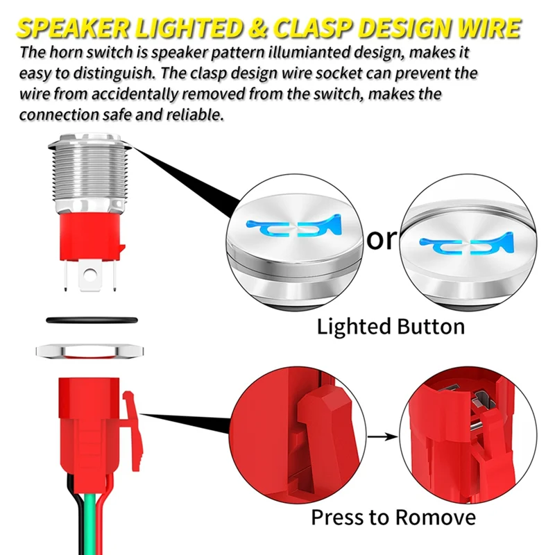 MOPHE-Horn Button 12V 20A Heavy Duty 16MM Metal Horn Switch Speaker LED Stainless Steel Momentary Push Button Switch