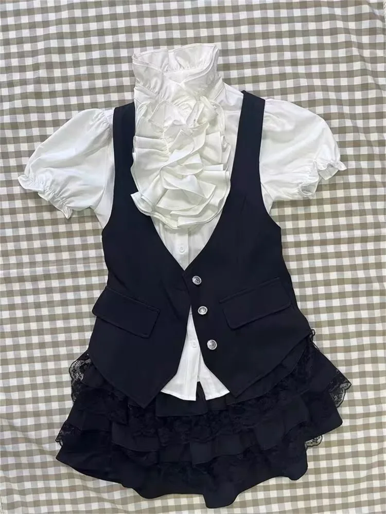 

Harajuku Gothic Retro Chic Outfit Women Bubble Sleeve Shirt + Slim Vest + Short Cake Skirt New Vintage Fashion 3 Piece Suit 2025