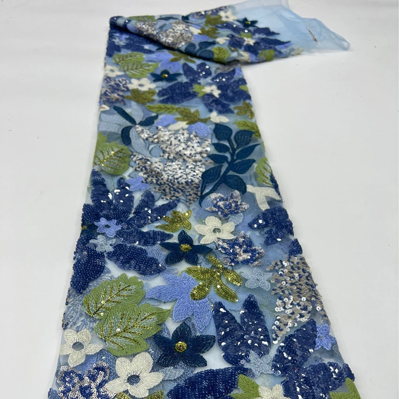 1 Yards 3D Embroidery Mesh Flower Colorful Thread Sequin Fabric Mesh African Lace Sequin Fabric For Sewing Evening Dress view 4