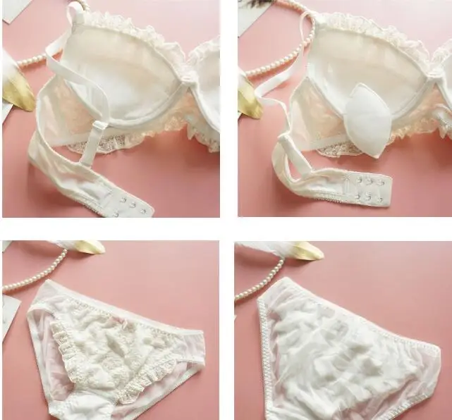 Sweet Japanese lace underwear set cute bow girl bra panty sets big size women push up steel ring thin cup lingerie panties