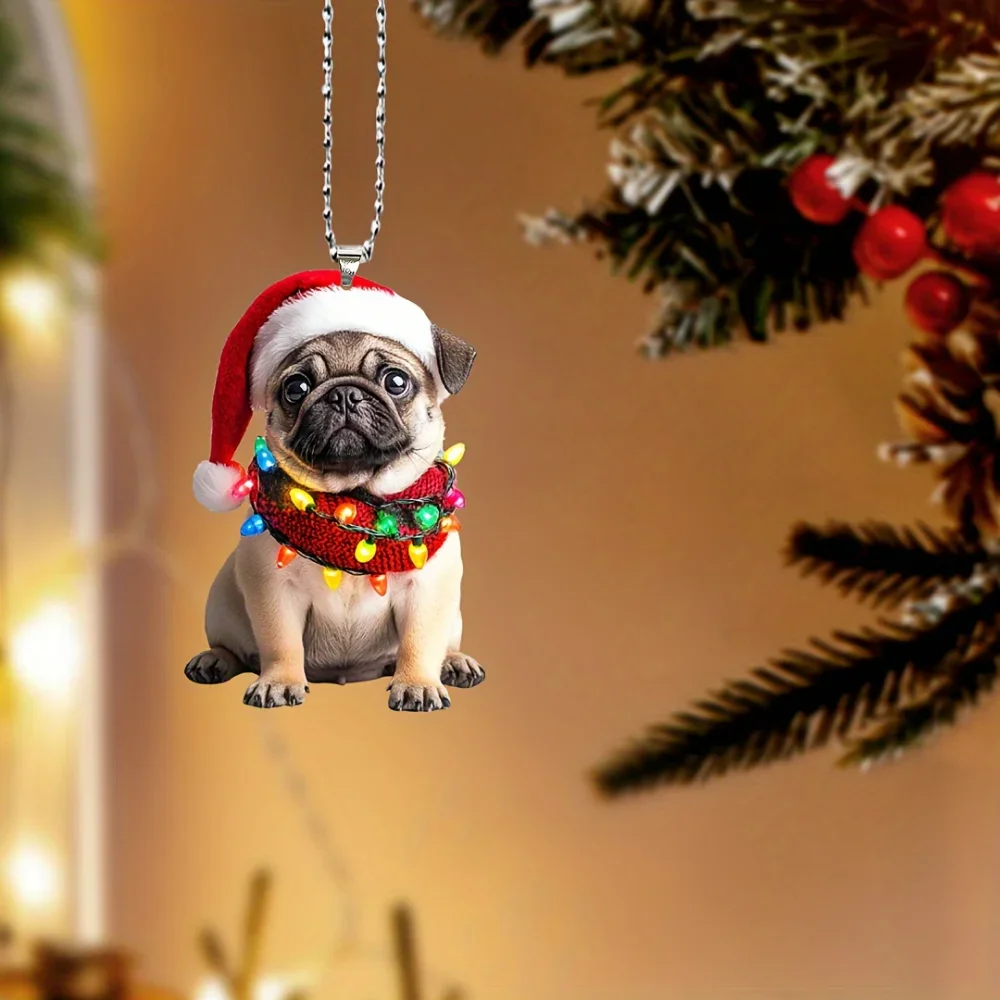 Charming Pug Christmas Pendant Keychain,Cartoon Puppy 2D Acrylic Versatile Charm,for Car Mirror,Backpack,Festive,Home,Gift&Decor