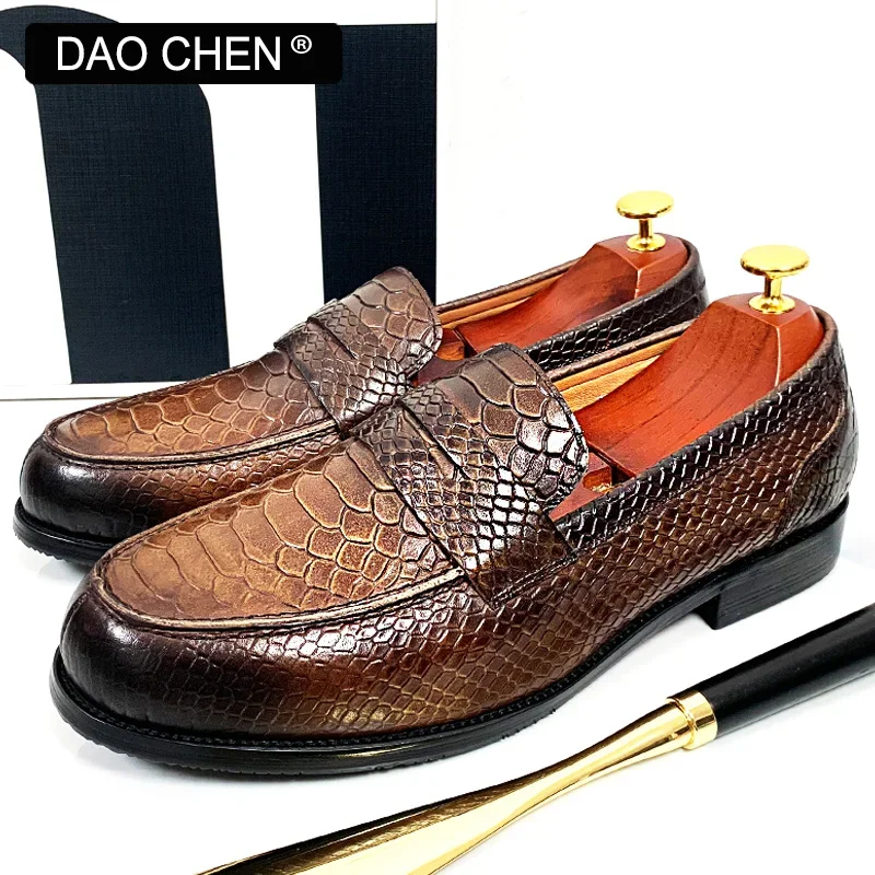 LUXURY MEN LEATHER SHOES BLACK COFFEE SLIP ON SNAKE PRINT DRESS MEN\'S CASUAL SHOES WEDDING OFFICE BANQUET Loafers Shoes For Men