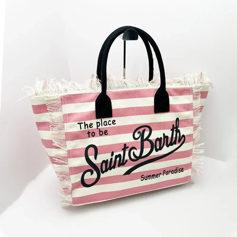 SAINT BARTH New Women\'s Large Capacity Leisure Tourism Stripe Plaid Handmade Tassel Handmade Handmade Handheld Handbag Mommy Bag