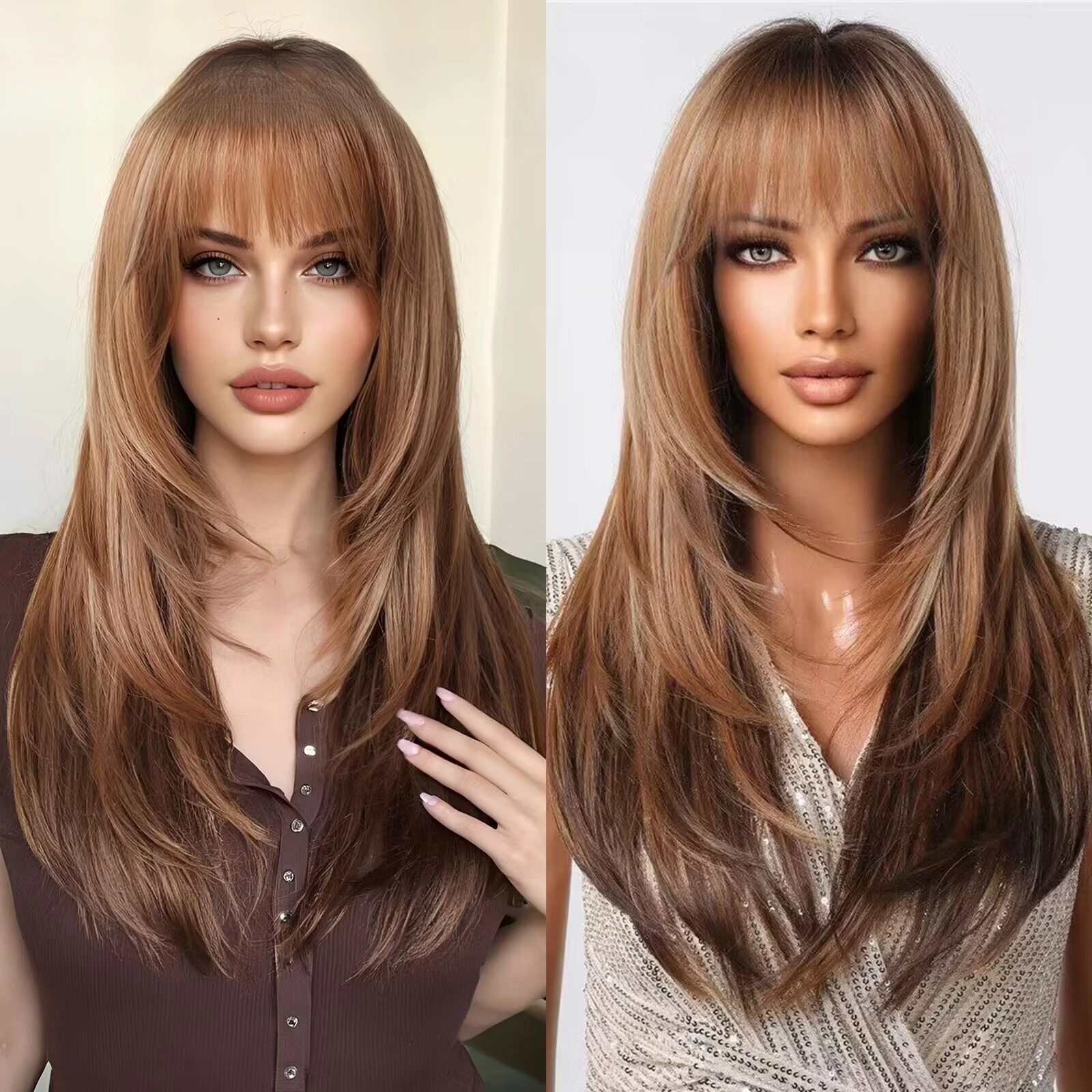 

Qi bangs high-level gradual change brown long straight hair tail dye European and American style natural fashion wig full head h