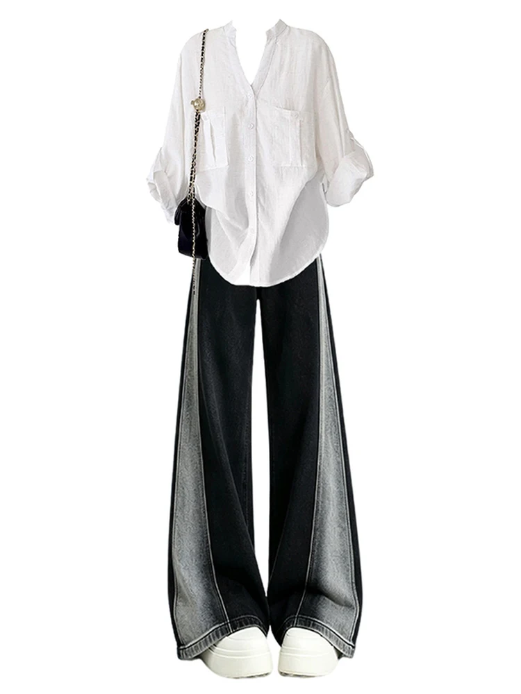 Fashionable Casual White Long Sleeve Shirt High Waist Jeans Women's Two-Piece Set Elegant Commuter Style Autumn Gradient Design