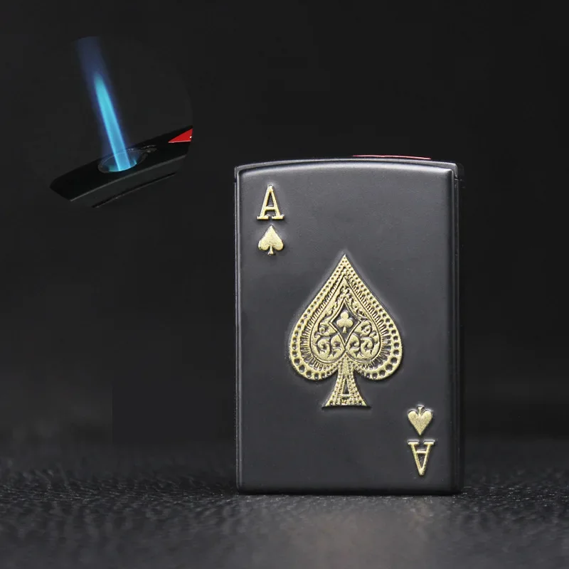 Creative Metal Straight Into Blue Flame Net Red Black Playing Card Lighter Windproof Inflatable Personality Trendy Boyfriend Gif