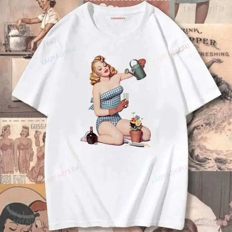 Vintage Pin-up Girls Outdoor Picnic Woman Printed T-shirt Fashion Casual Simple High Quality Cotton Tshirt Man Streetwear Tops