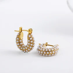Vintage Pave Pearl Beads Stainless Steel Hoop Earrings for Women Fashion Small Round Circle Ear Buckle Huggie Hoops Jewelry Gift