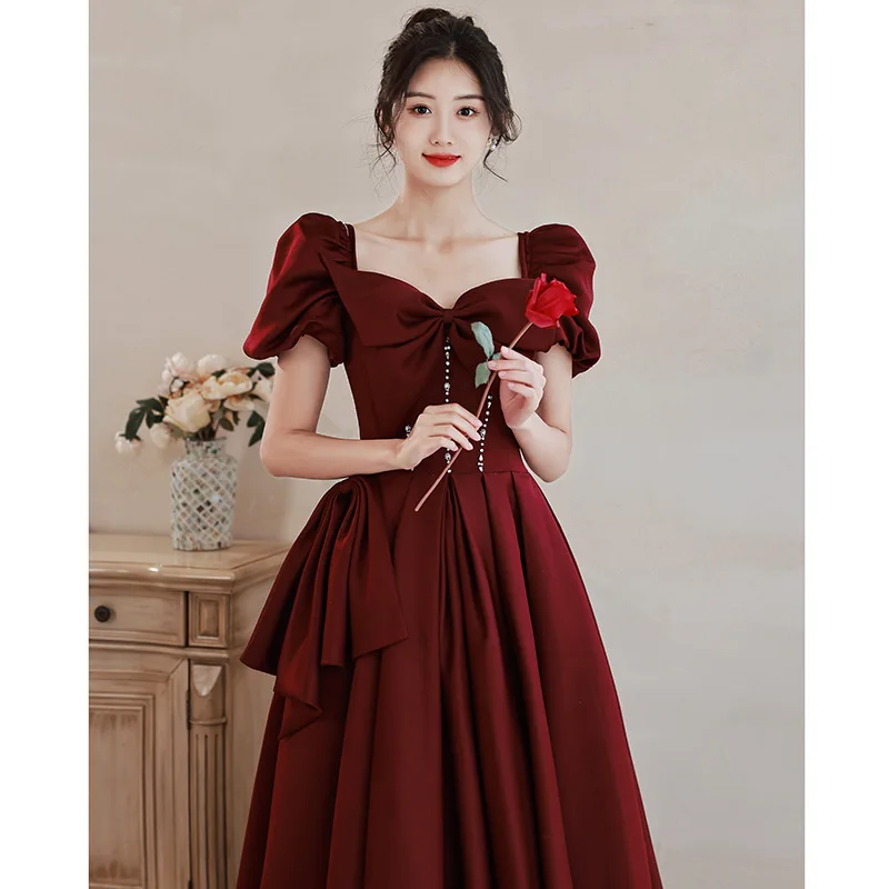 2025 New Women's Wine Red One Shoulder Butterfly Knot Decorative Dress Fashionable Slimming Back Strap Long Elegant Dress