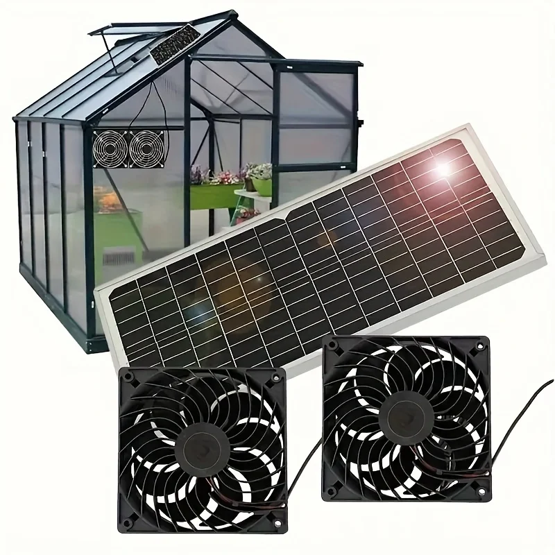 12V Dual Fan, Suitable for Small Chicken House, Greenhouse, Shed, Pet House, Window Exhaust Pipe, Detachable PV module