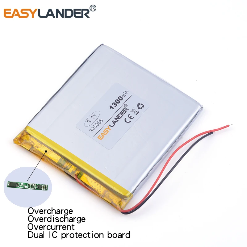 10pcs /Lot 305068 3.7V 1300mAh Rechargeable Lithium Li-ion Li Polymer Battery For Mp3 MP4 GPS PSP DVD PAD E-books Tablet PC