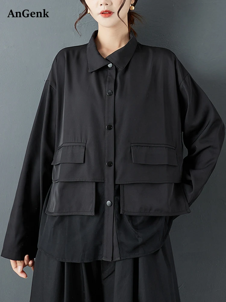 

Mesh Spliced Black Vintage Oversized Blouse Women New Long Sleeve Loose Casual Shirt Top Fashion Clothes Spring Autumn 2025