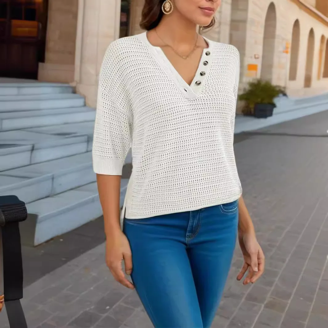 2026 New Off-spring and Summer Leisure V-neck Cut-out Knitwear Women's Pullover Short-sleeved Knitwear